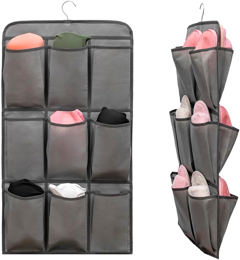 TEMUORG 2 Pcs Closet Organizer Dual Sided Hanging Shoe Storage Bag Underwear Socks Holder with 18 Pockets (FABRIC POCKETS) - Image 1